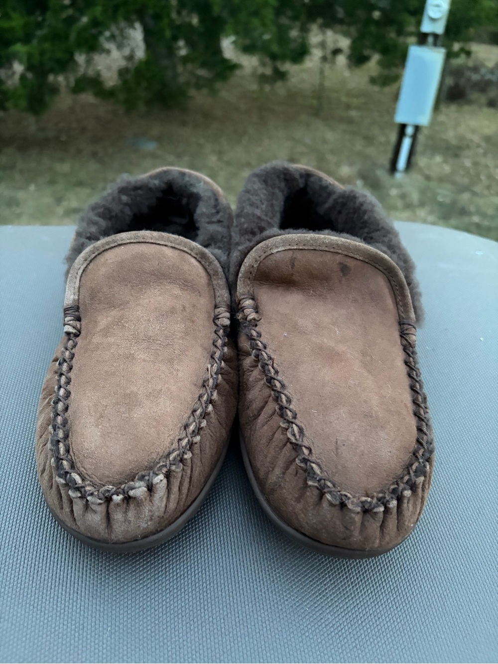 L.L. Bean Men's Wicked Good Suede Venetian Slippers Shearling Lined Brown 10M